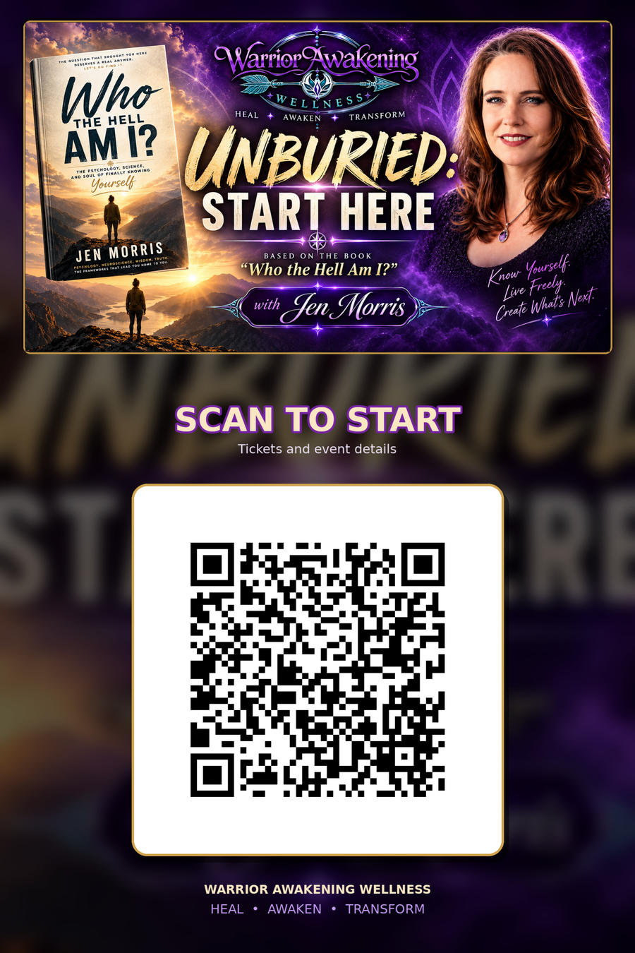 Unburied: Start Here seminar flyer with Jen Morris and a QR code to get tickets